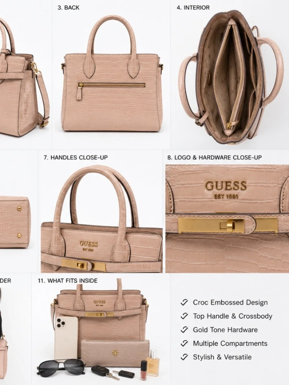 GUESS Blush Croc Embossed Satchel Crossbody Bag Gold Hardware Top Handle EUC